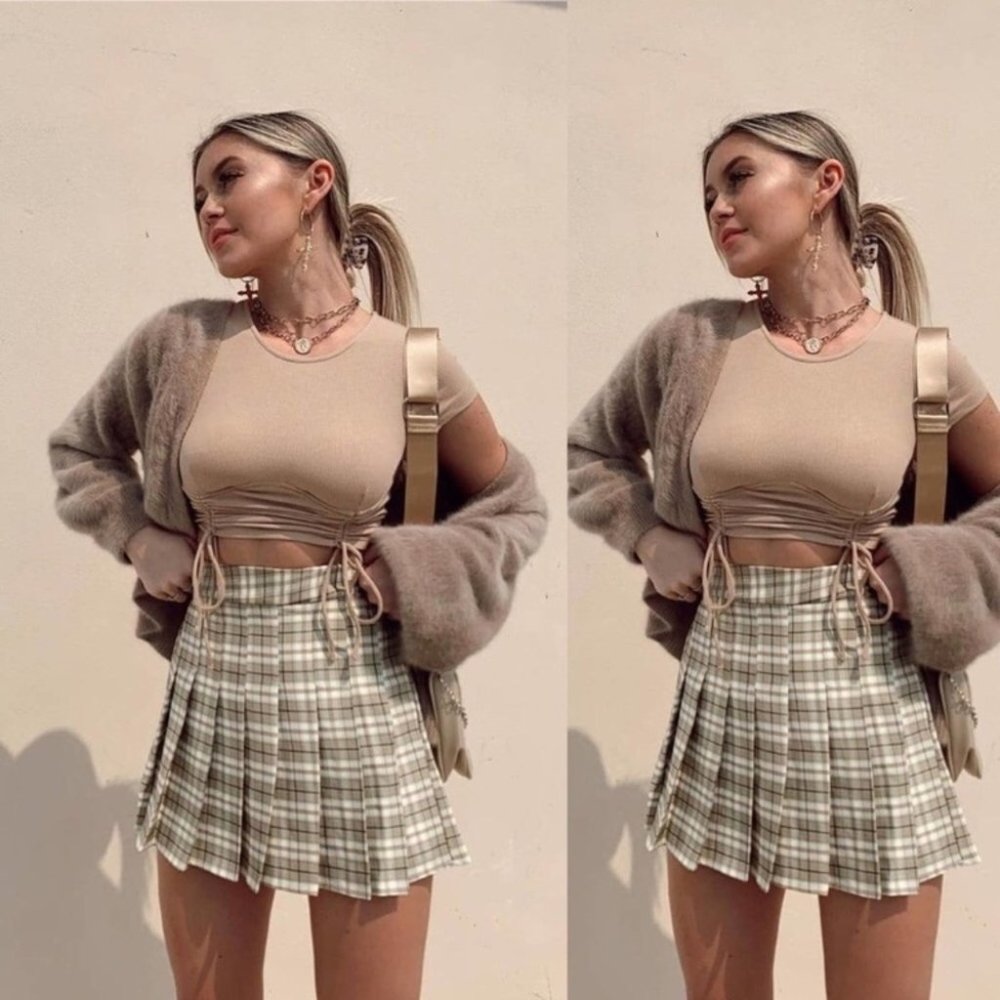 Romwe Pistachio Green Plaid Pleated High Waisted Mini Skirt Size Small